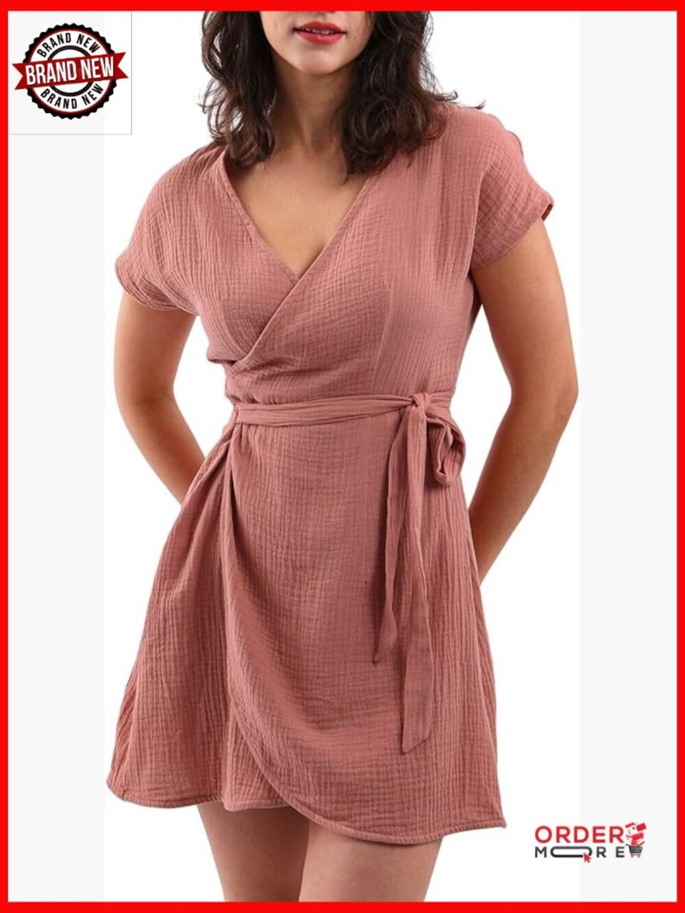 Women's Cotton Gauze Short Sleeve V Neck Wrap Mini Dress Summer Casual